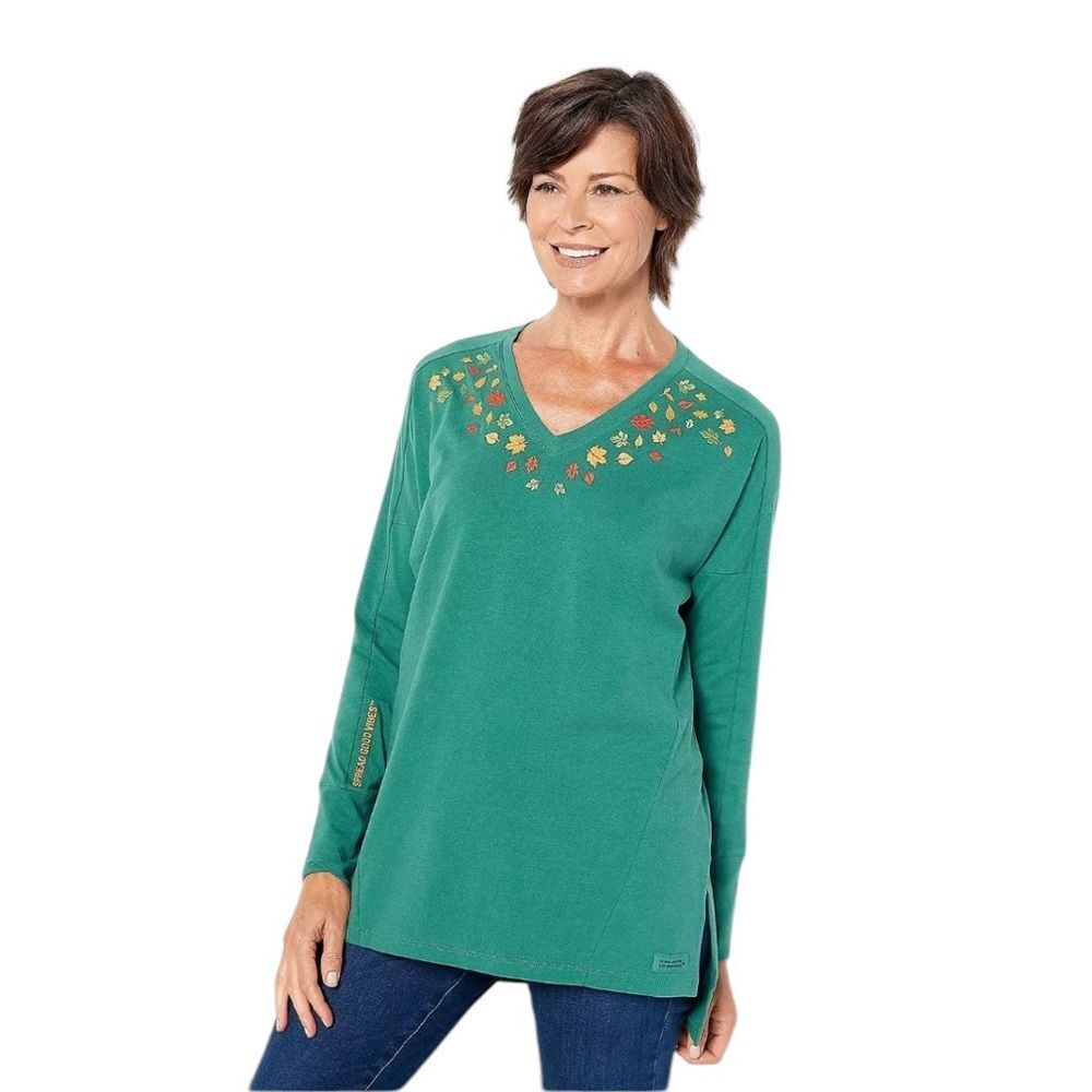 Life is Good Relaxed Fit Tunic Leaf Embroidered Long Sleeve Womens Large Green